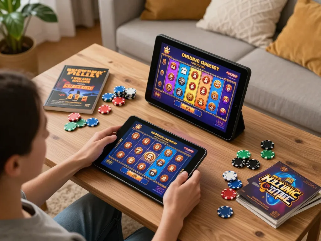 Player enjoying online slots at 98winlive on a tablet in a cozy home setting.