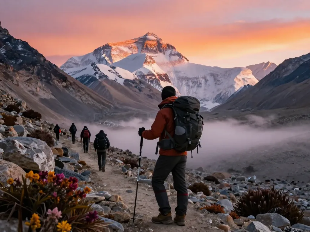 Everest Base Camp Trek with Helicopter Return at sunrise with vibrant mountain peaks and adventurous trekkers.