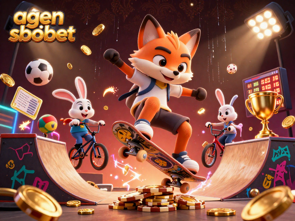 Experience excitement with agen sbobet as a 3D skateboard fox and BMX rabbit celebrate sports betting.