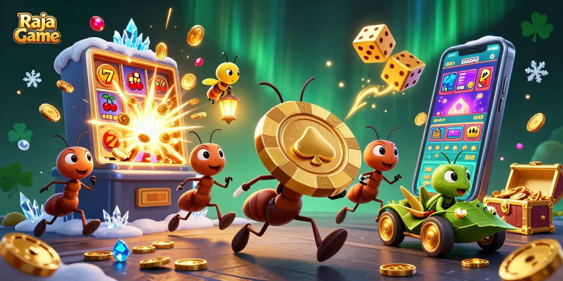 Raja Game brings excitement as ants carry a giant poker chip through a vibrant casino world.
