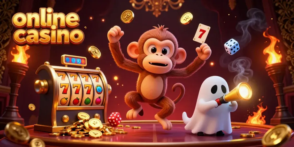 Engage with an online casino where a mischievous monkey juggles golden coins and slot reels amid a haunted backdrop.