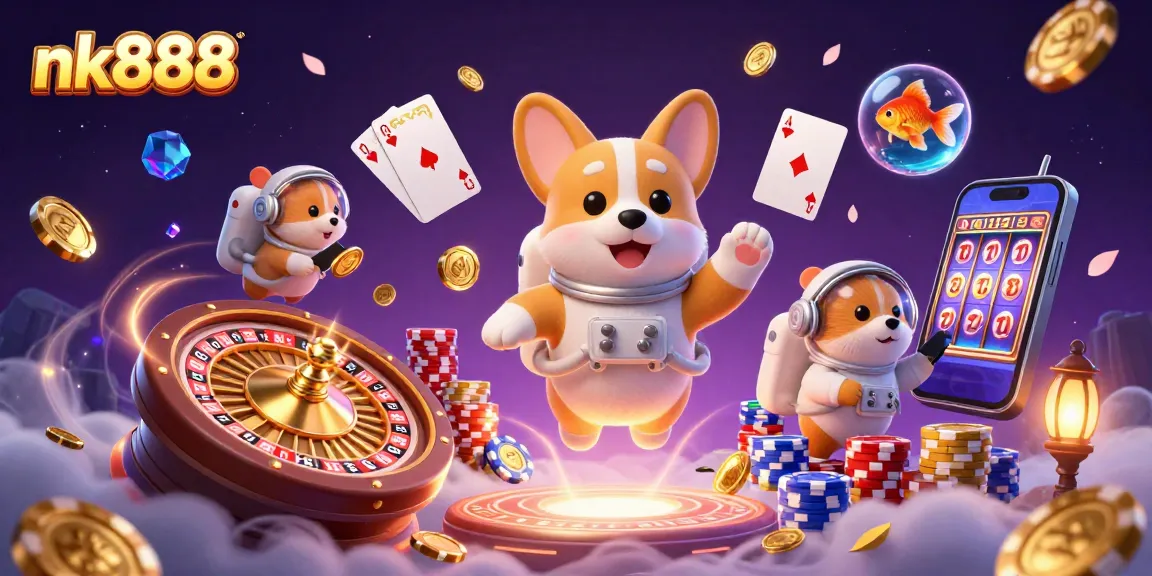 Experience nk888 excitement with a corgi astronaut in a vibrant casino scene filled with floating coins and games.