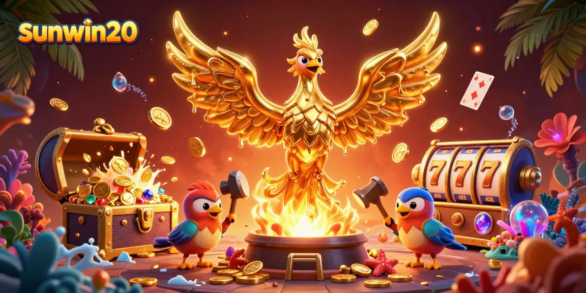 Win big with sunwin20's vibrant casino games featuring golden phoenix and slot reels.