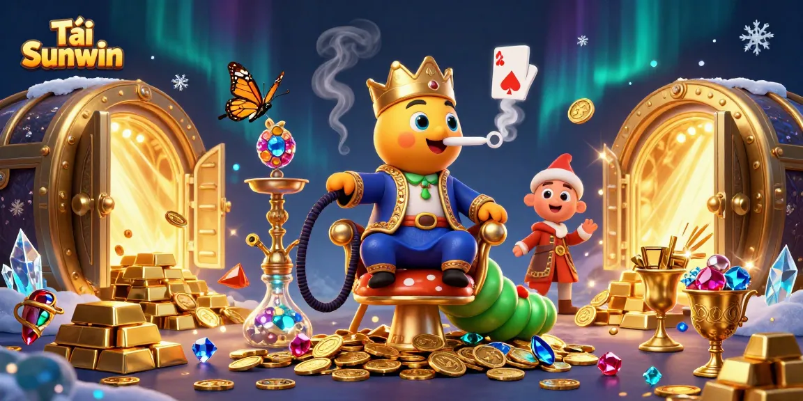 Engaging scene showcasing Tải Sunwin with an elaborate caricature of a caterpillar master and luxurious casino elements.