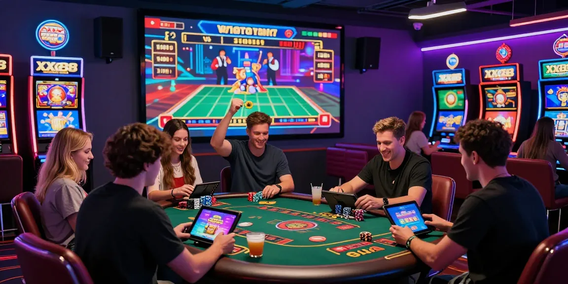 Exciting KK55 online gambling scene with diverse players enjoying a lively gaming atmosphere, showcasing promotions and live action.