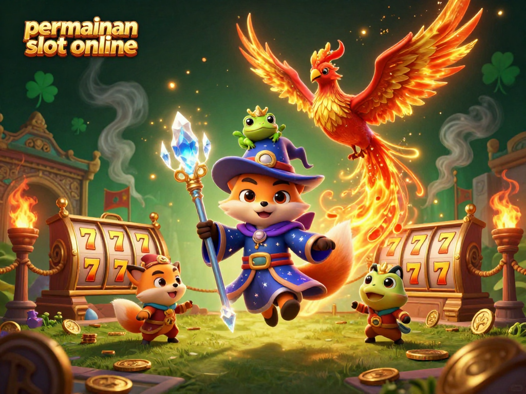 Menyenangkan permainan slot online dengan karakter magis dan efek berapi-api dalam ilustrasi 3D