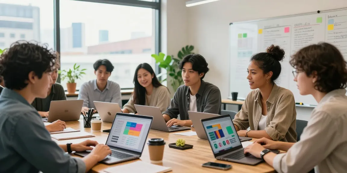Engaged startup founders collaborating to promote your servises startups in a vibrant coworking space.