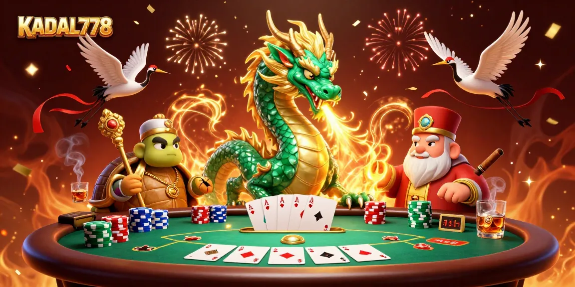 KADAL778 brings excitement as the emerald dragon breathes fire amidst a lively poker scene.