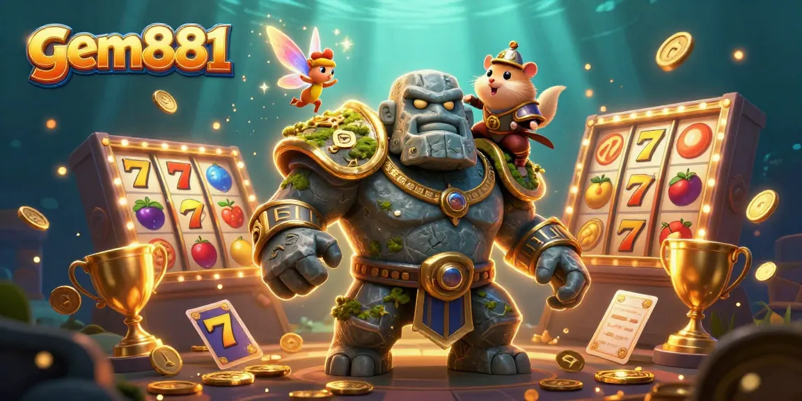 Experience the gem881 edge with an animated casino scene featuring a golem, fairy, and hamster knight.