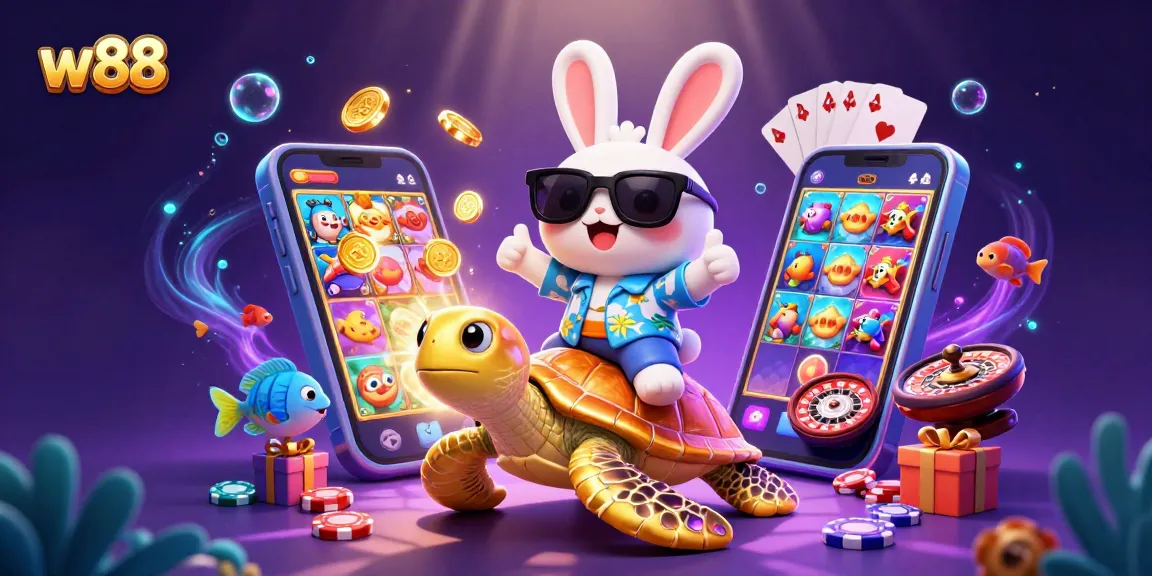 Tham gia w88 với hình ảnh chú thỏ may mắn và rùa vàng trong thế giới game thú vị.