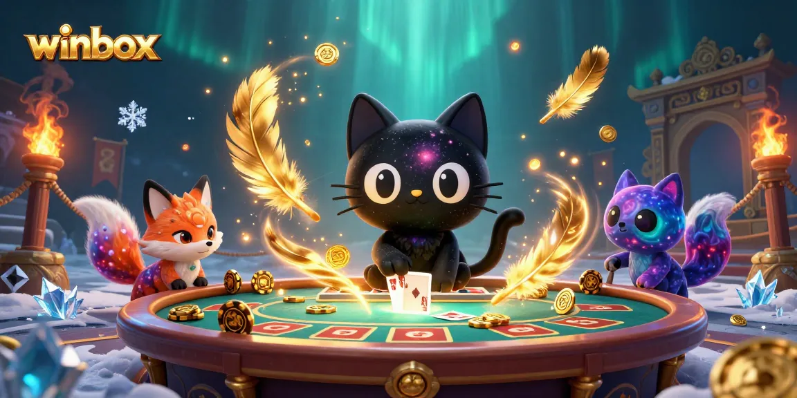 Winbox features a whimsical cosmic casino scene with a black hole cat and nebula fox collecting golden chips.