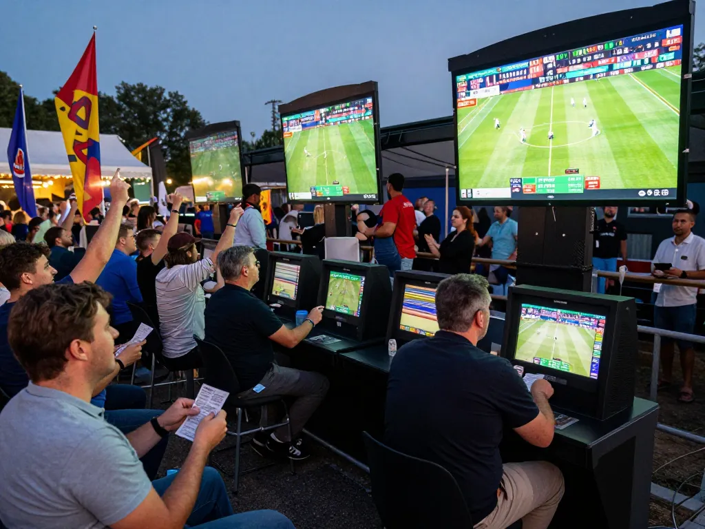 Engaged fans at an outdoor sports betting venue excitedly celebrating while placing bets with fc88 on digital screens