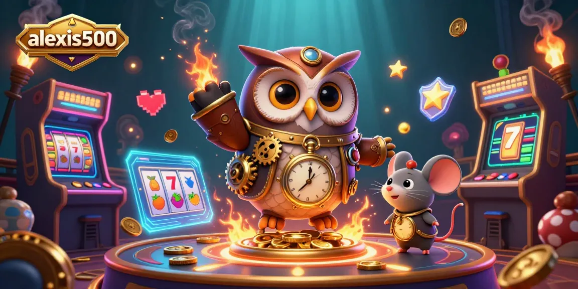 Experience gaming excitement with alexis500, featuring vibrant slots and animated characters.