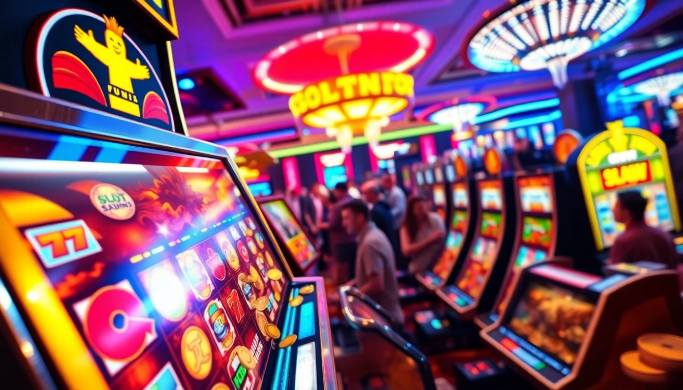 Rasakan keseruan bermain Slot77 di mesin slot dengan suasana kasino yang ramai.
