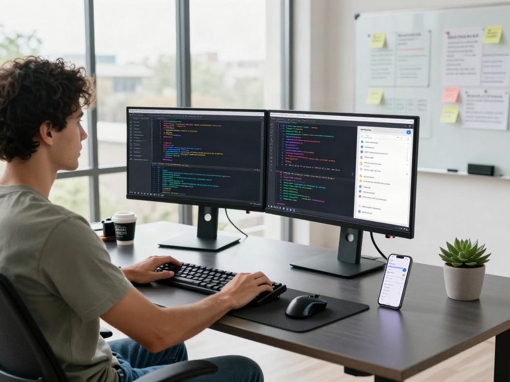 Developer focused on coding with dual monitors in a modern workspace, featuring technical elements related to bro138.
