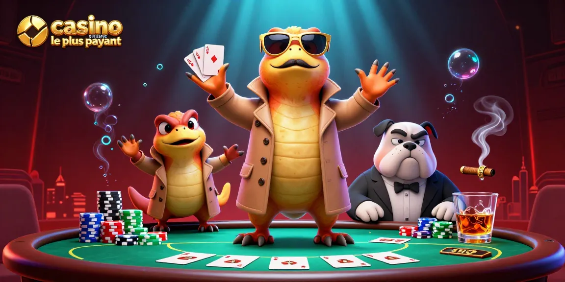 Découvrez le casino en ligne le plus payant avec trois raptors en trench coat tentant d'entrer dans un lounge VIP rempli de jeux.
