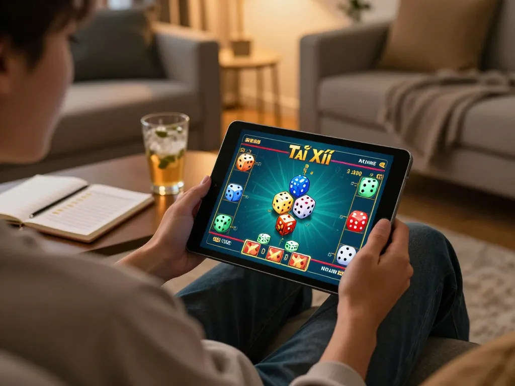 Tài Xỉu online gameplay on taixiuonline8 tablet in a cozy home setting, featuring engaging game interface and strategic notes.