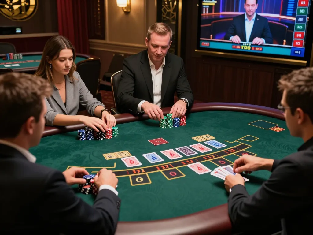 Immerse in 388bet's dynamic live dealer blackjack game, showcasing strategic gameplay with engaged players.