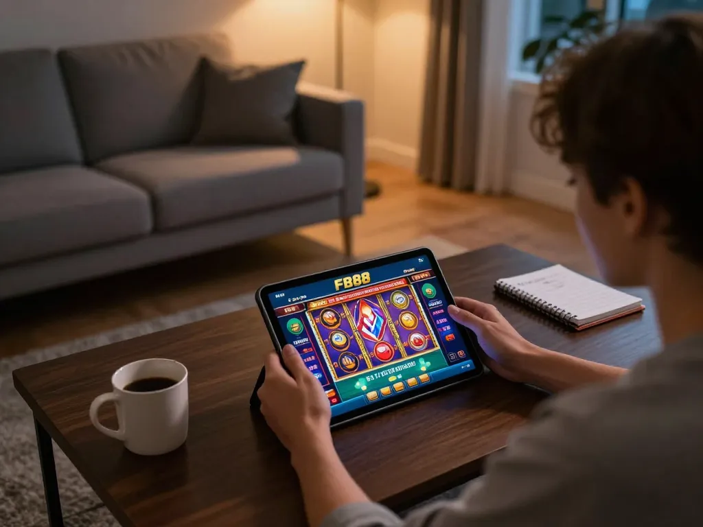 Đăng Nhập FB88 with a user engaged in online gaming on a tablet in a cozy home setup.