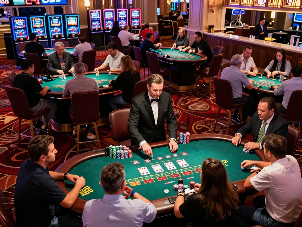 Players engage in strategic blackjack gameplay at a Las Vegas casino, showcasing superjp's excitement for gambling enthusiasts