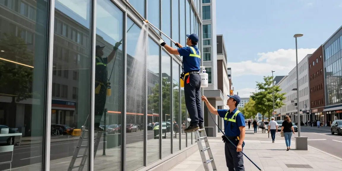 Professionelle Gebäudereinigung Dortmund im Einsatz, Glasreinigung eines Hochhauses durch erfahrene Reinigungskräfte.
