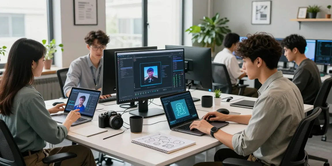 AI image detector workspace with professionals analyzing detection algorithms in a bright office.