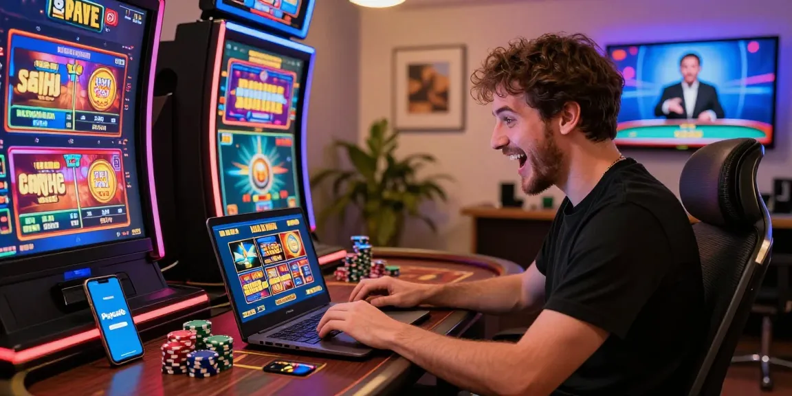 Ein Spieler, der Spiele in einem Paysafe Card Casino mit einem Laptop, Pokerchips und einem Smartphone genießt, das die Paysafe Card-App in einem dynamischen Home-Office-Umfeld zeigt.
