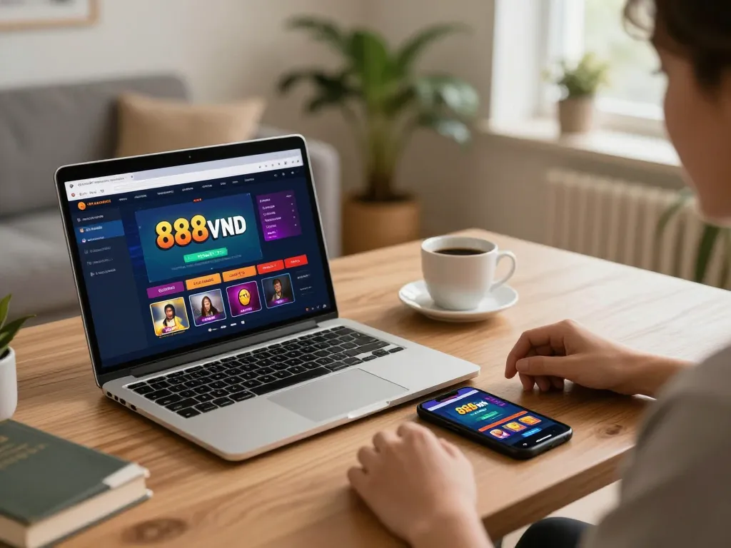 Engaging in online gaming at 888vnd, with vibrant laptop display featuring casino interface.