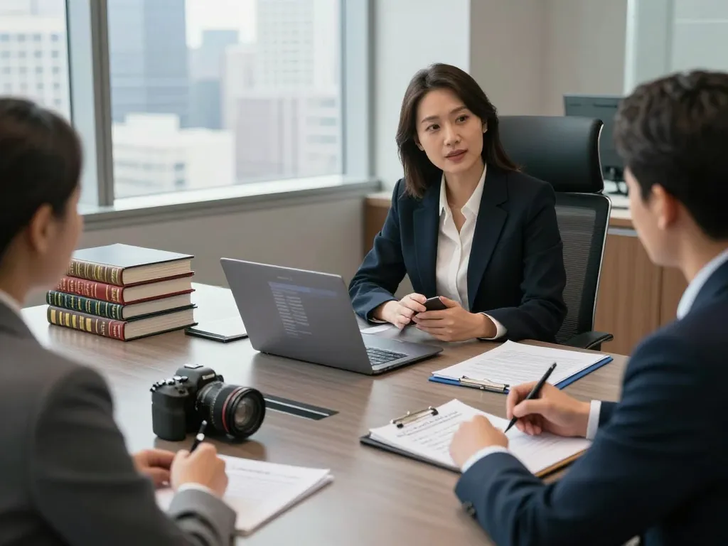 Consultation between USA lawyers and client in professional legal office setting.