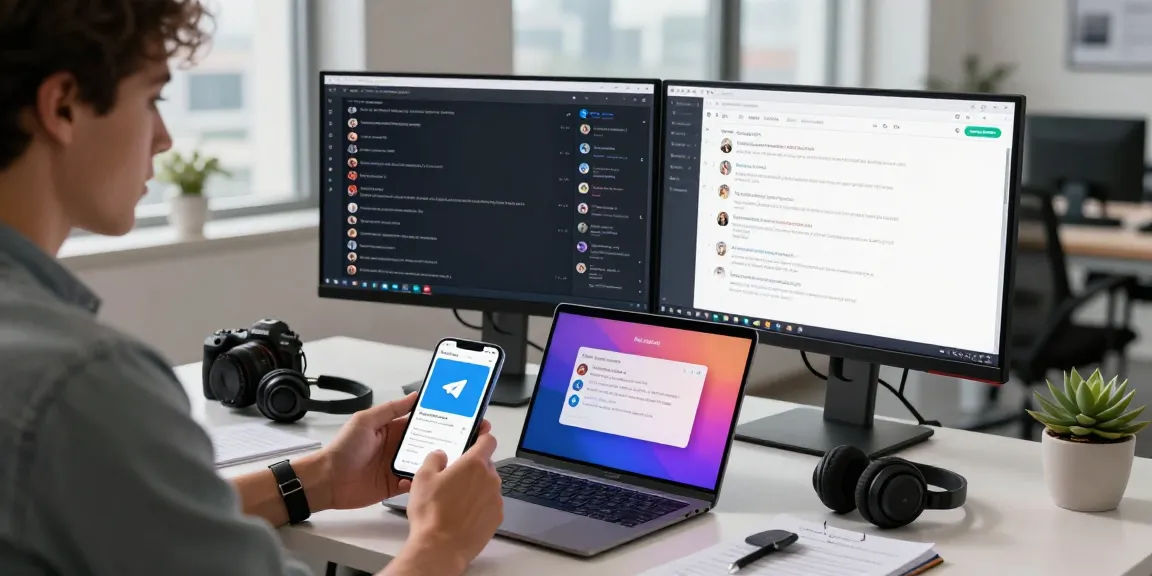 Engaging tech workspace showcasing telegramin-cn.com usage on smartphones and monitors, emphasizing modern communication.