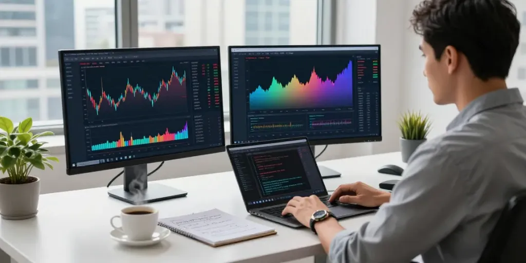 Trader using MetaTrader 5 in a modern workspace with financial charts and market data.