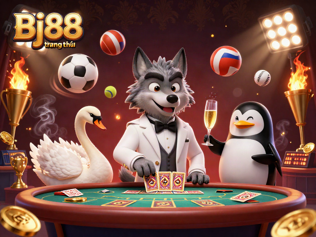 Experience the excitement of Bj88 trang chủ with vibrant 3D characters at a baccarat table among floating sports elements.