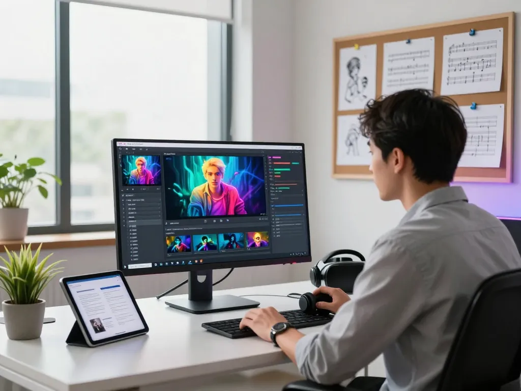 Professional using video to promptgenerator in a modern creative workspace with vibrant visuals and tech.