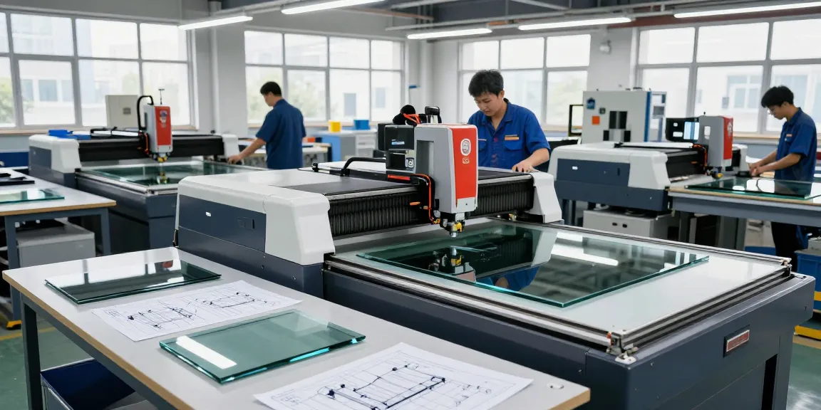Expert technicians using glass cutting machine CNC in a high-tech workshop, showcasing precision glass pieces.