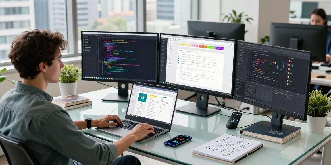 Dynamic workspace featuring a software developer at a glass desk with multiple screens showcasing coding and project management for teiegramin.com