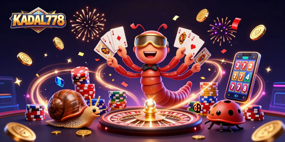 KADAL778 showcases a vibrant animated casino scene with a millipede dealer, snail high-roller, and thrilling game elements.