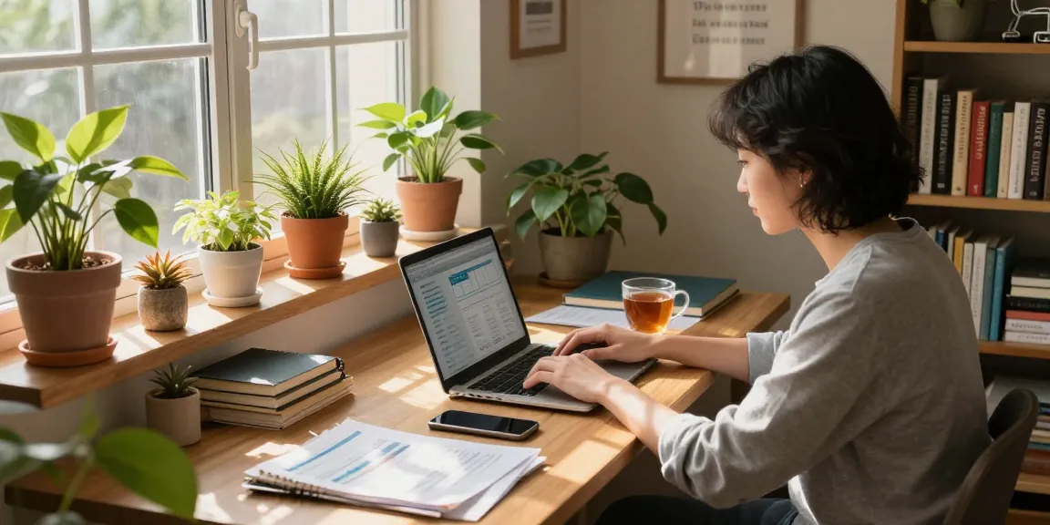Home office workspace with laptop and finance materials, focusing on 상봉동 한국관