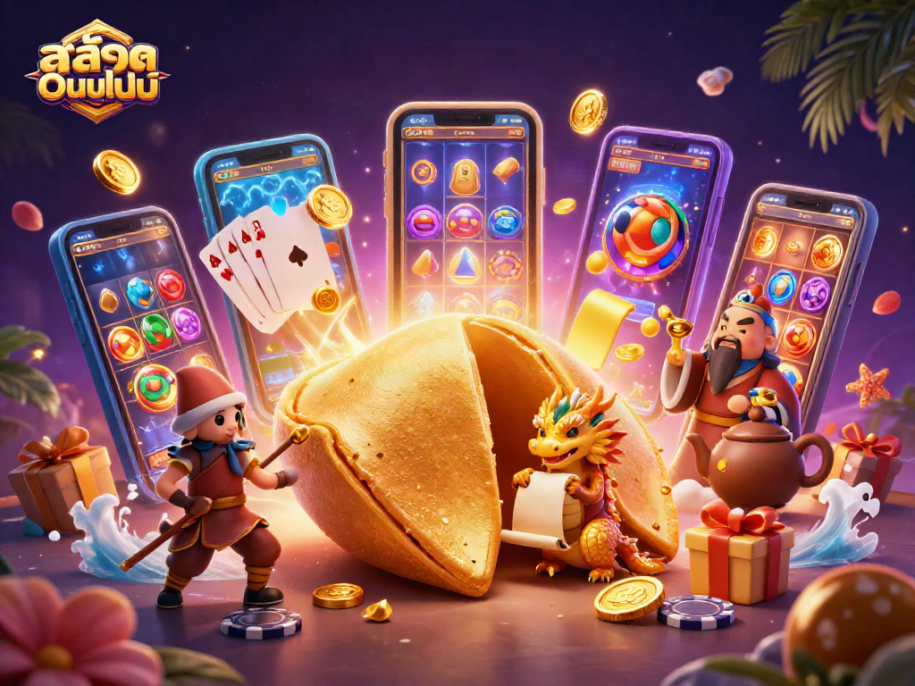Enjoy thrilling สล็อตออนไลน์ gameplay with a vibrant 3D illustration of fortune cookies and slot games.