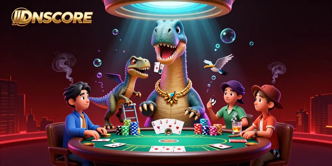 IDNSCORE captivates players with a unique poker scene featuring a dinosaur dealer and vibrant casino elements