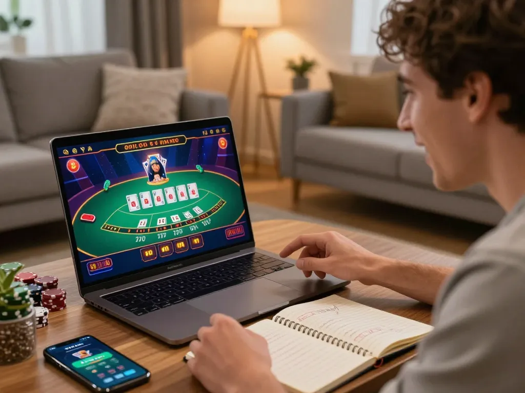 Player engaging with O8's online blackjack game in a cozy home setting, reflecting excitement and strategy.