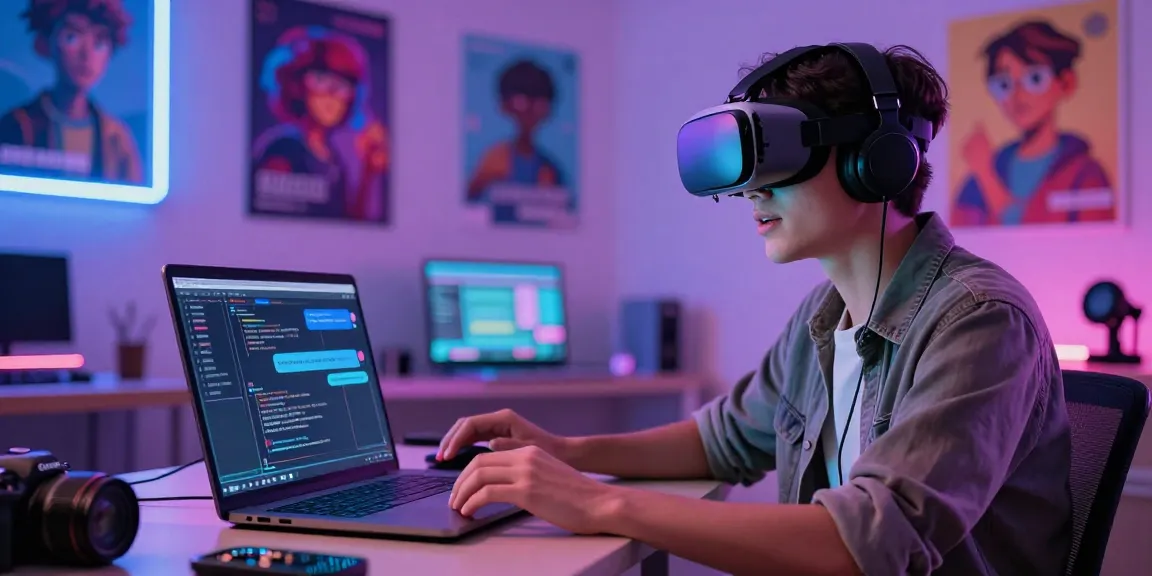 Engaging ai chat nsfw interaction with a captivating avatar and high-tech gadgets in a vibrant neon-lit setting.