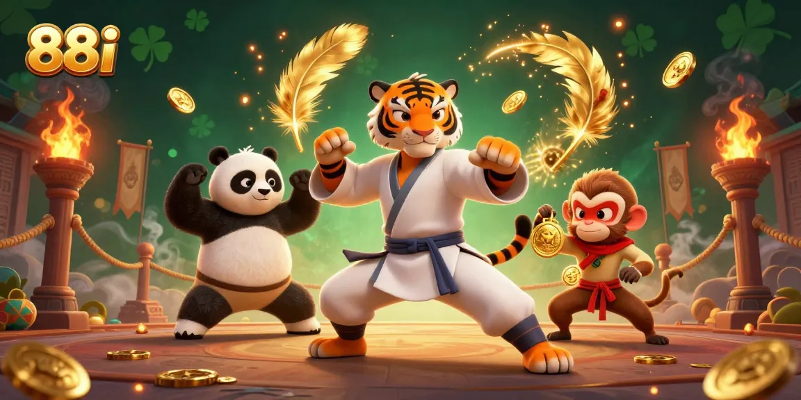 Engage with 88i's dynamic casino scene featuring a kung fu tiger and lucky motifs.