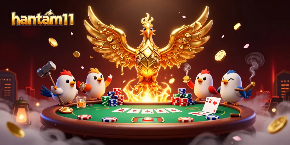 Experience the excitement of hantam11 as the golden phoenix inspires players at a vibrant poker table.
