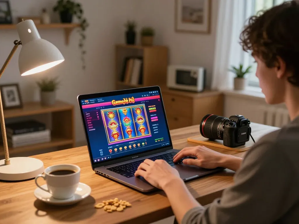 Engaging gameplay on Game bài nổ hũ displayed on a laptop at a cozy home desk setting
