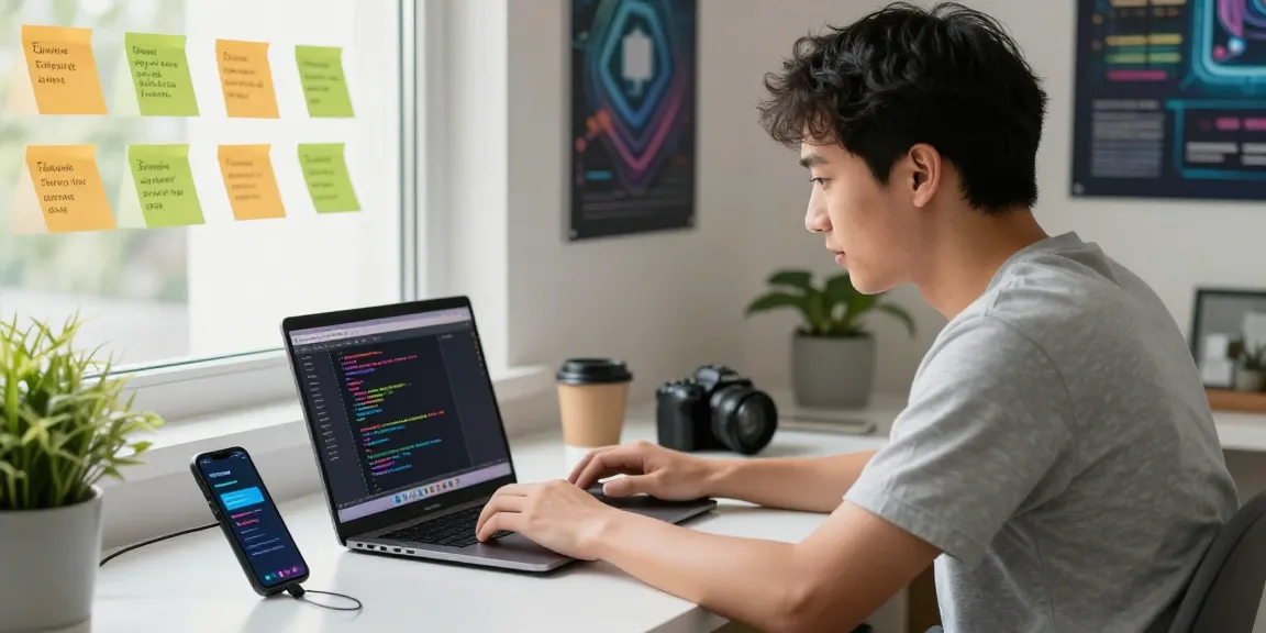 Learn Android Studio for beginners in a vibrant workspace with code on screen and a young developer focused on learning.