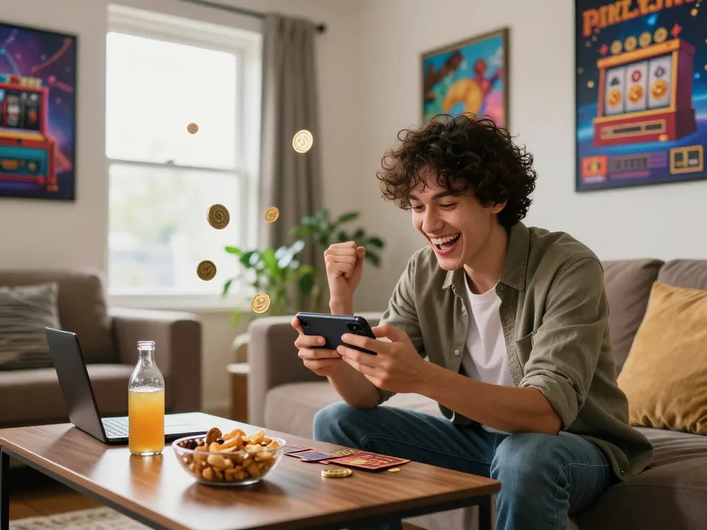 Celebrating a big win while playing slot qris in a vibrant home environment.