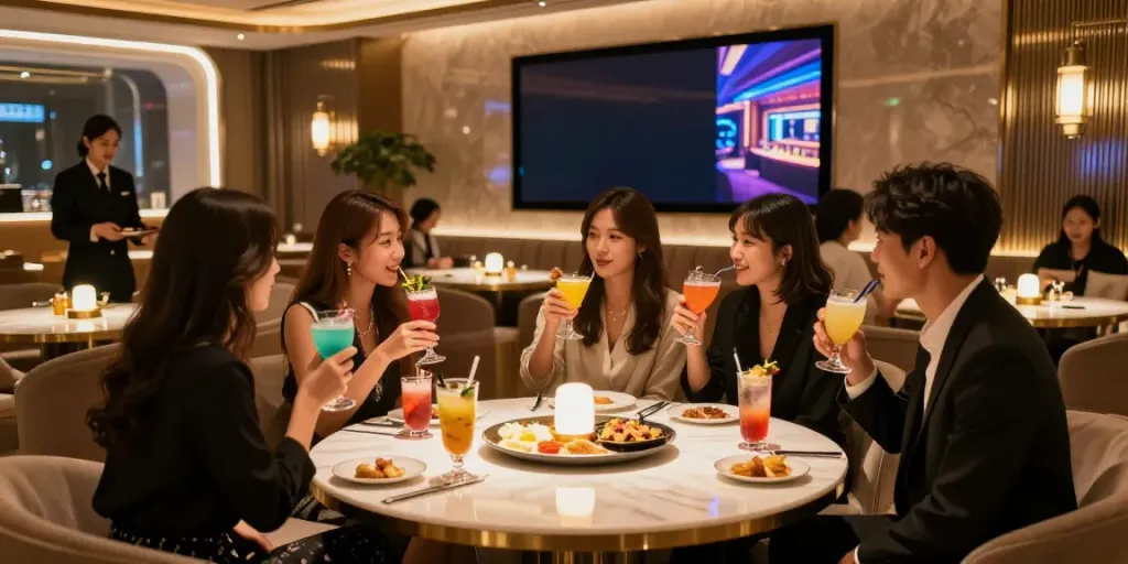 강남 타이밍에서 친구들과 함께 고급스러운 저녁을 즐기는 모습