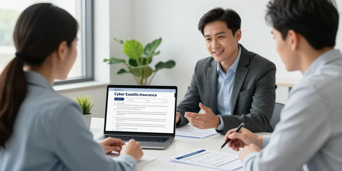Consultant explaining cyber essentials insurance options to a small business owner in a modern office.