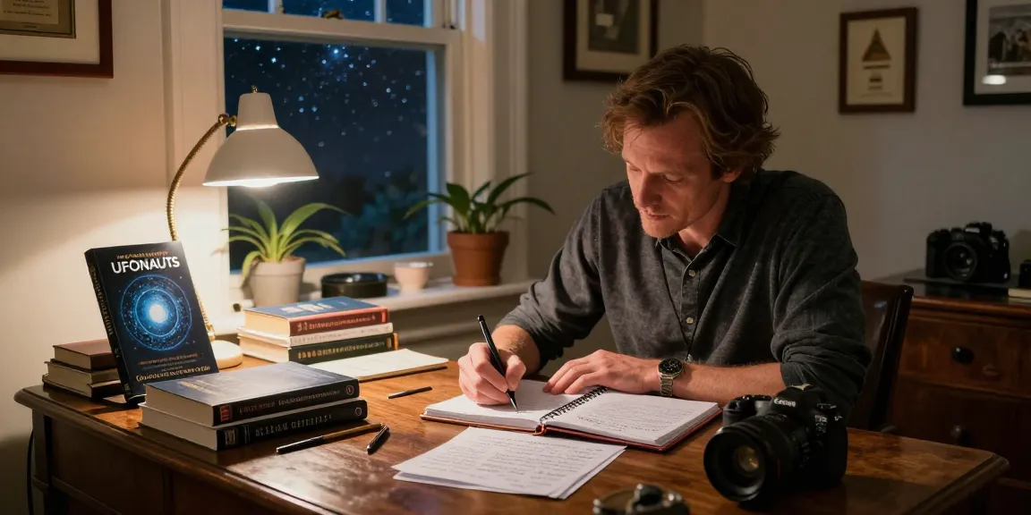 T Allen Greenfield writing in his cozy office surrounded by spiritual and UFO literature at https://tallengreenfield.com.