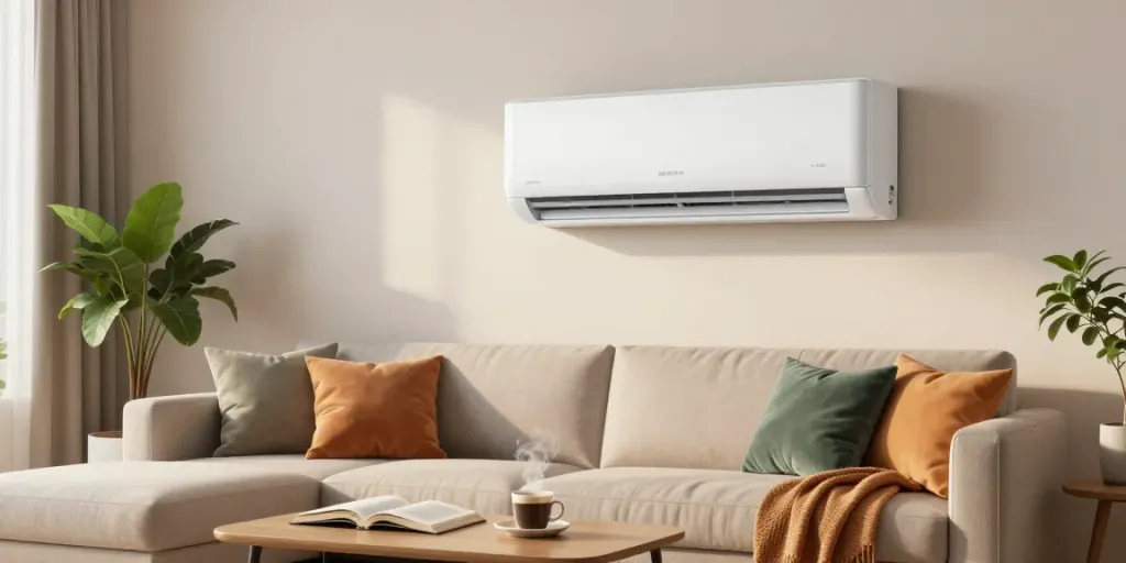 Stylish living room with an 18k BTU mini split air conditioner, inviting decor, and warm lighting.